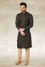 Raivat Ethnic Cotton Printed Work Kurta Pajama In Black Colour | Grocsy