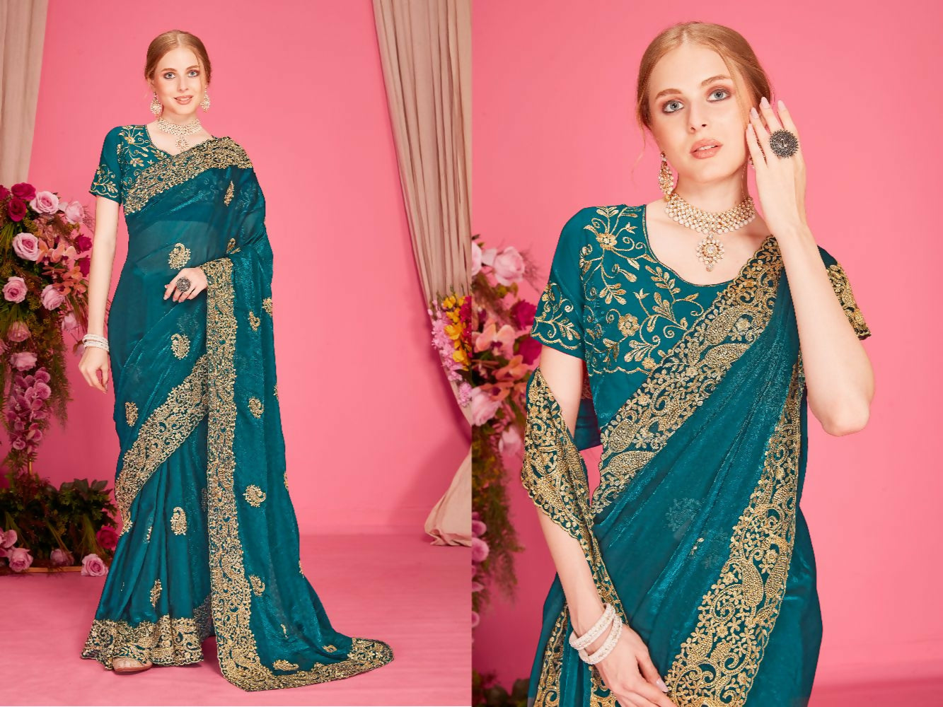 PR Fashion Morpeach Fendi Two Tone Silk Heavy Zari Embroidery Work With Heavy Zircon Work Saree | Grocsy