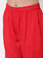 Myshka Red Cotton Solid 3/4 Sleeve Square Neck Casual Kurta Pant Dupatta Set | Grocsy