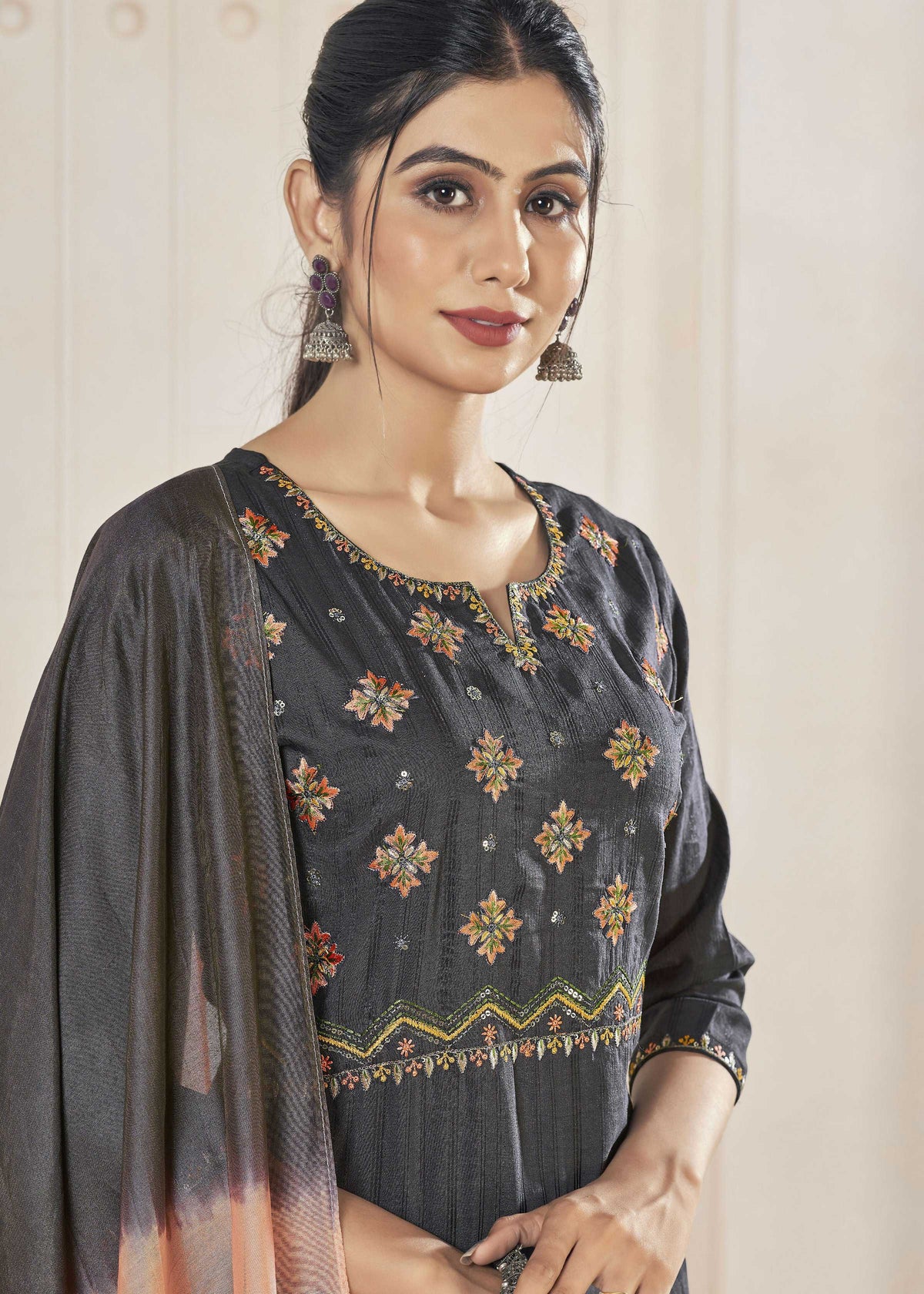 Jyoti Fashion Women's Black Pure Viscose Weaving Stripe with Embroidery Kurta Set | Grocsy