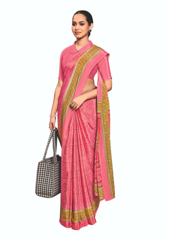 Joban Fashion Pink Crepe Silk with Traditional Print Saree | Grocsy