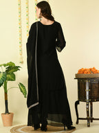Myshka Women's Black Georgette Kurta & Skirt With Dupatta Party Sets | Grocsy
