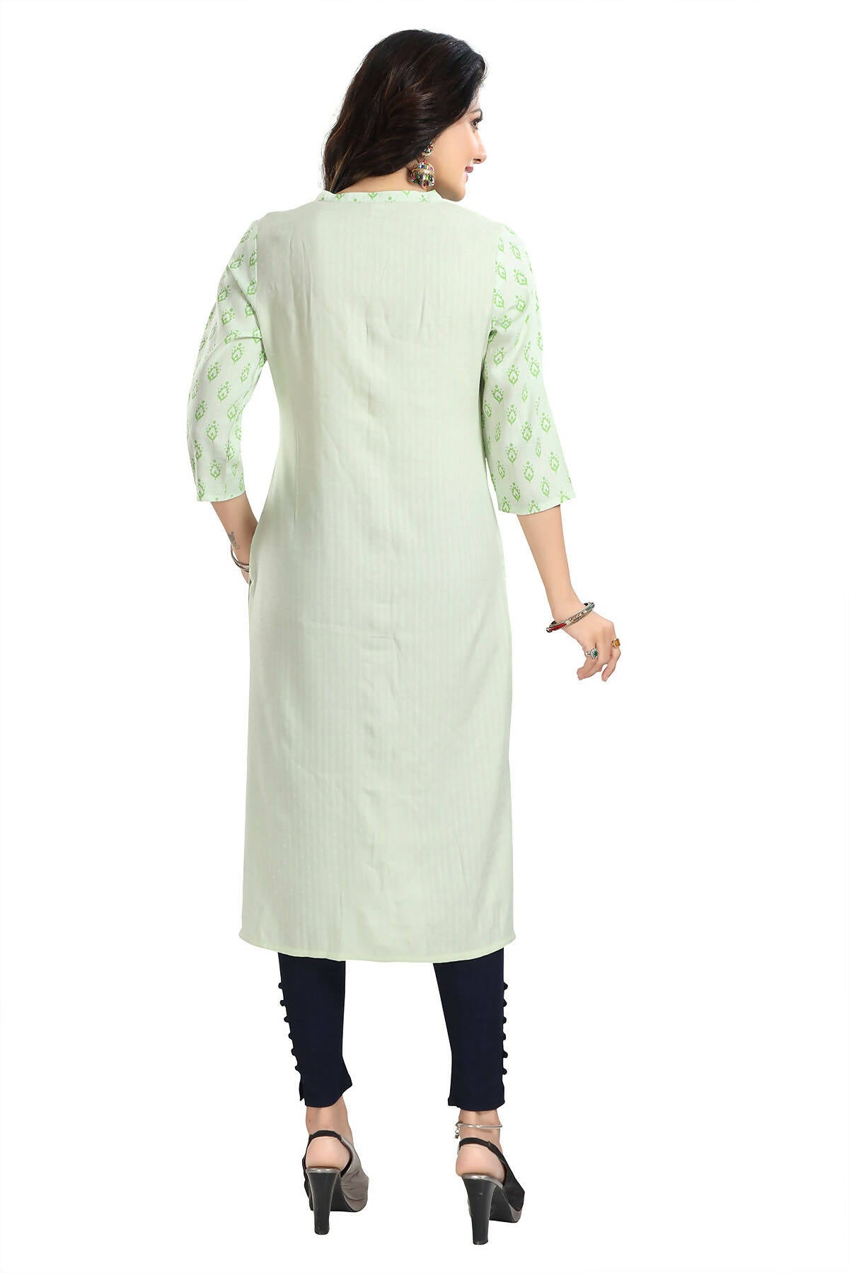 Snehal Creations Green Rayon Textured Print Long Kurta For Women | Grocsy