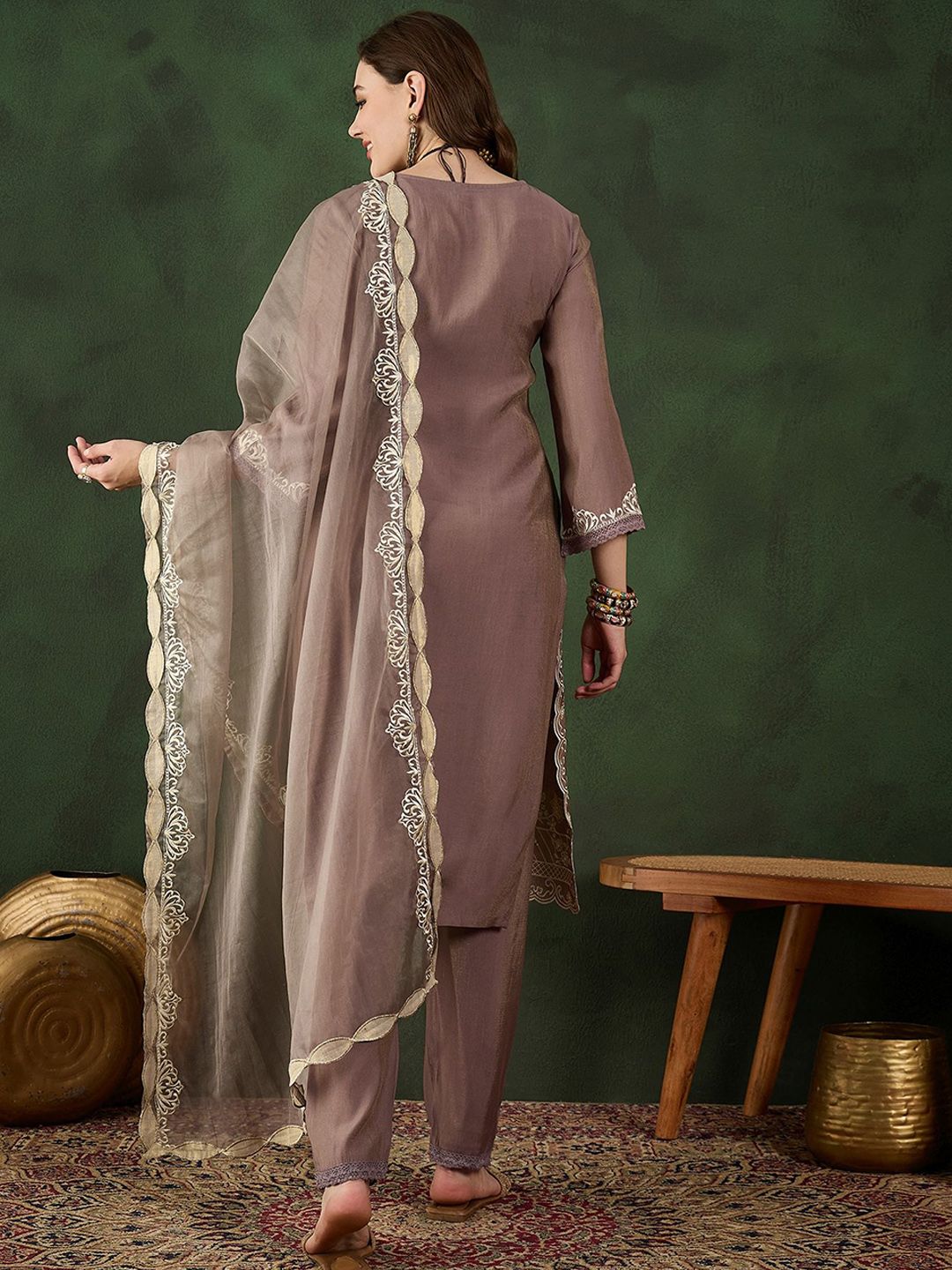 Sangria Floral Embroidered Mirror Work Straight Kurta, Trouser & Dupatta Set | Grocsy