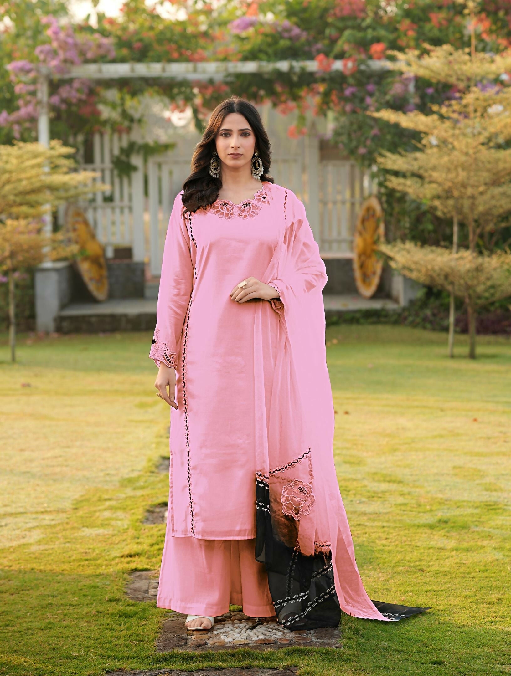 Nikhaar Light Pink Embroidered Art Silk Stitched Straight Cut Kurta Palazzo Dupatta Readymade Suit | Grocsy