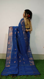 Exclusive Collection Beautiful Blue Cotton Silk Woven Handloom Saree With Running Blouse Piece | Grocsy
