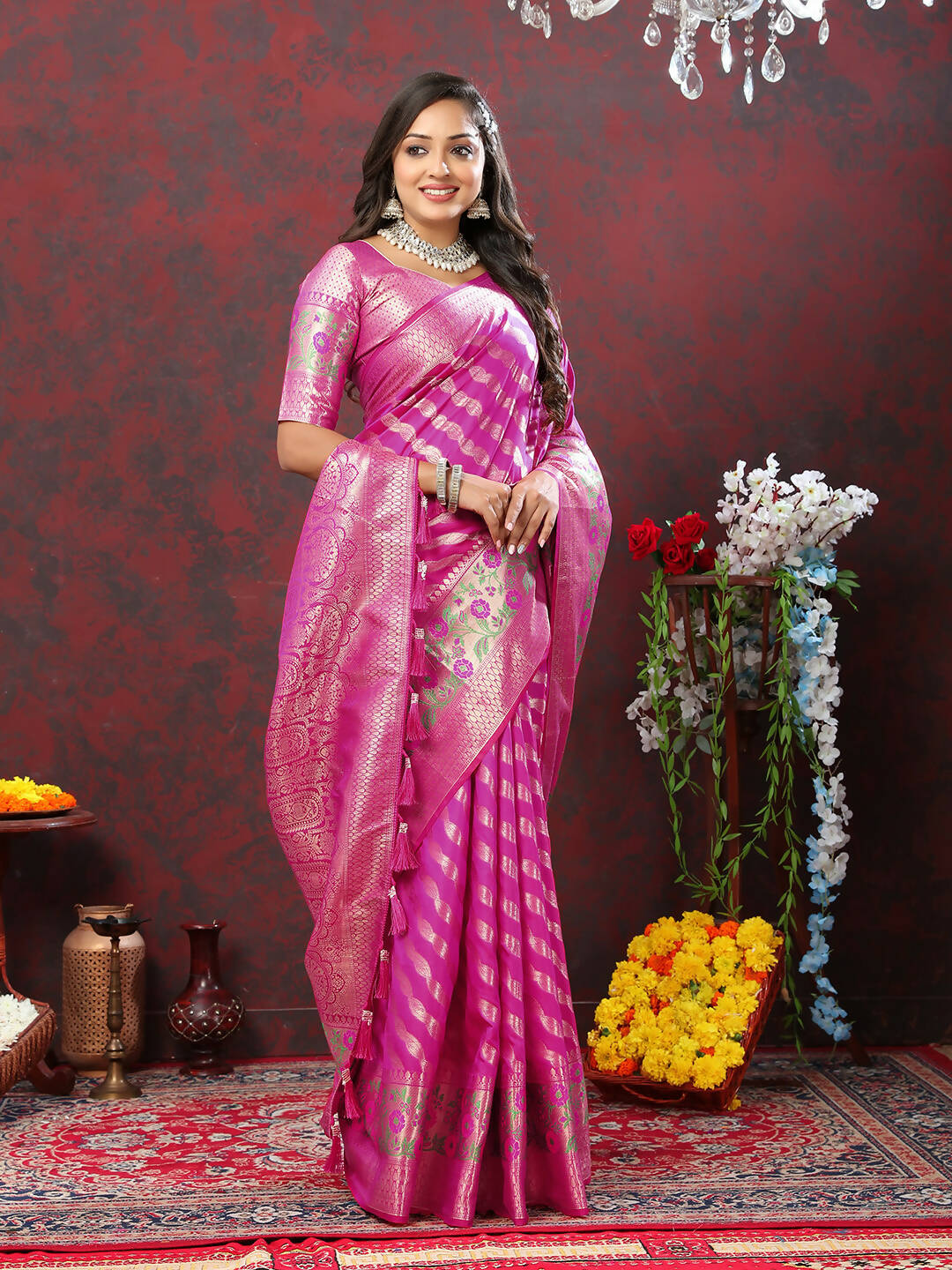 Lorenvalley Fashion Magenta Soft Silk Woven Design with Zari Weaving Leheriya Design Saree | Grocsy