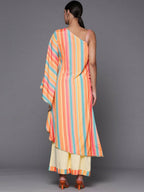 Ahalyaa Peach-Coloured & Blue Printed Striped Asymmetric Taselled Kaftan Kurta Palazzos | Grocsy