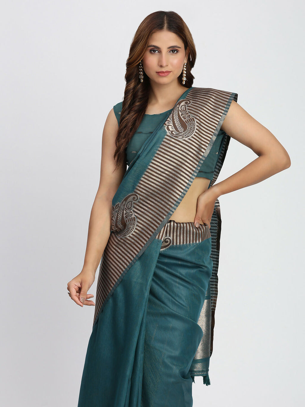 Shree Shyam Fashion Linen Cotton Sea Green Saree | Grocsy