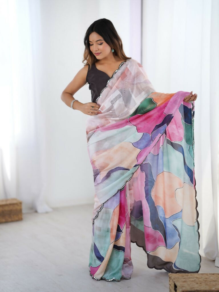Multi Chinon Designer Digital Printed,Mirror Cut Work Saree - Sohni | Grocsy
