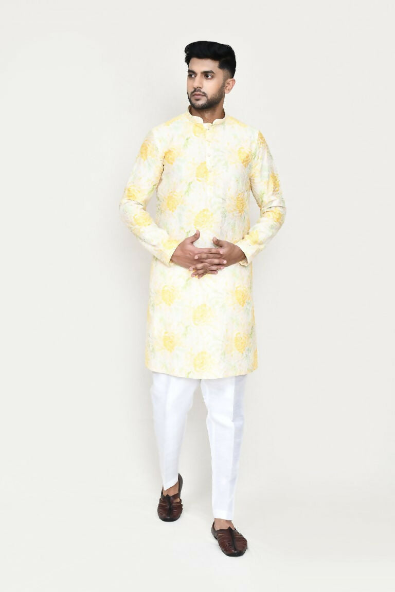 Joban Fashion Yellow Colored Rayon Based With Digital Print Fabric Kurta With Straight Fit Pant | Grocsy
