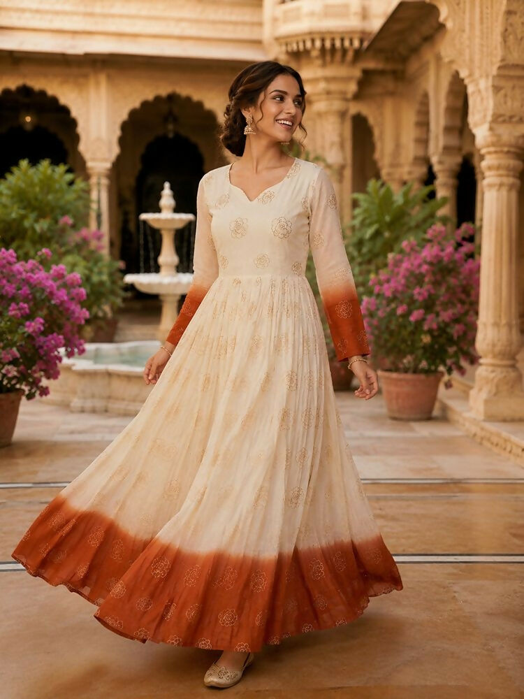 Teeya Creation Rust and White Gradient Anarkali Gown with Gold Floral Motifs | Grocsy