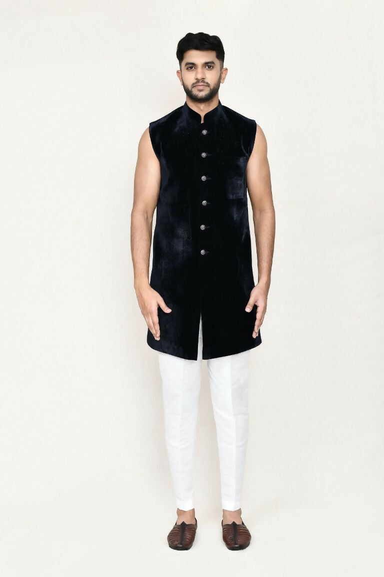 Joban Fashion Blue Colored Velvet Fabric Open Jacket, Indo Western With Straight Fit Pant | Grocsy