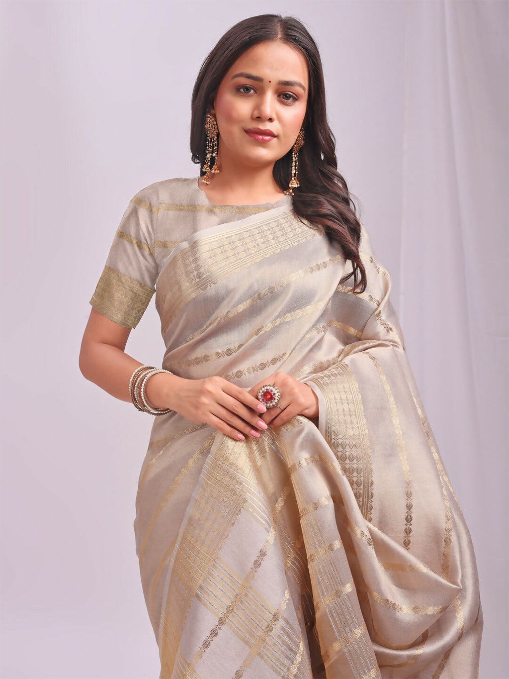 Shree Shyam Fashion Organza Cream Saree | Grocsy