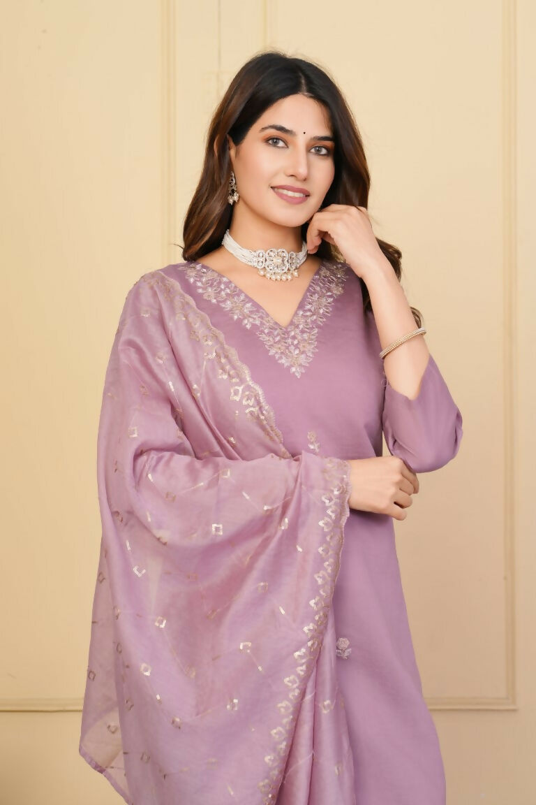 Wine Viscose Chanderi Embroidered Stitched Suit With Dupatta - Tanisha | Grocsy