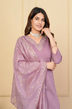 Wine Viscose Chanderi Embroidered Stitched Suit With Dupatta - Tanisha | Grocsy