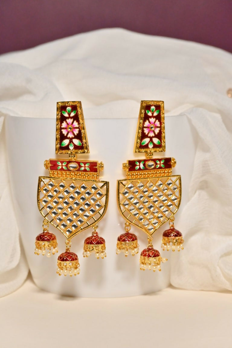 Maroon Traditional Gold-Polished Meenakari Jhumka Jhumki Earrings Indian Jewellery For Women Girls By House of Ree - Swadesiicart