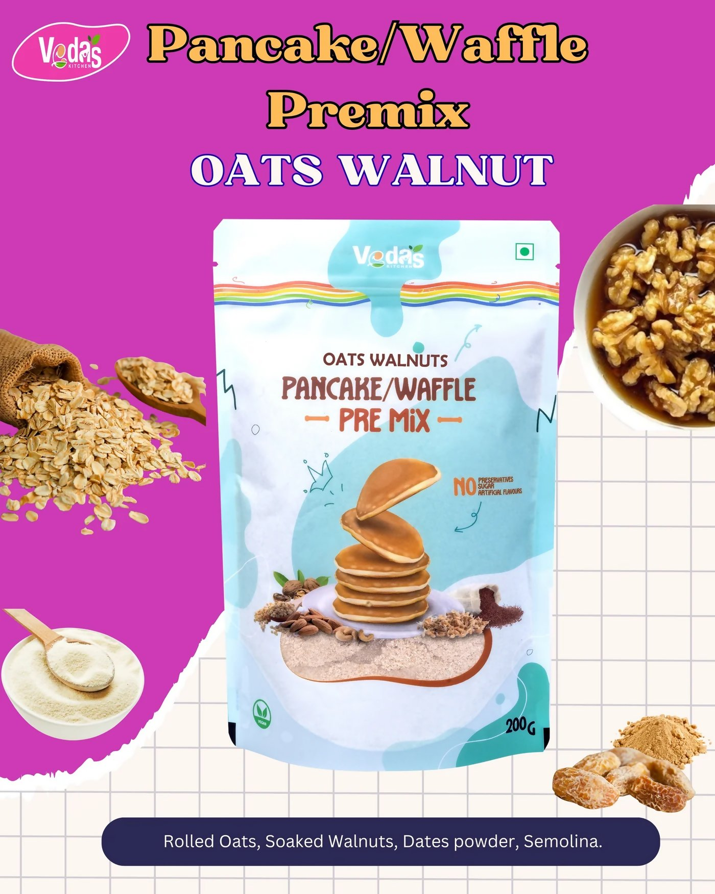 Vedas Kitchen Oats Walnuts Waffle/Pancake Premix | Grocsy