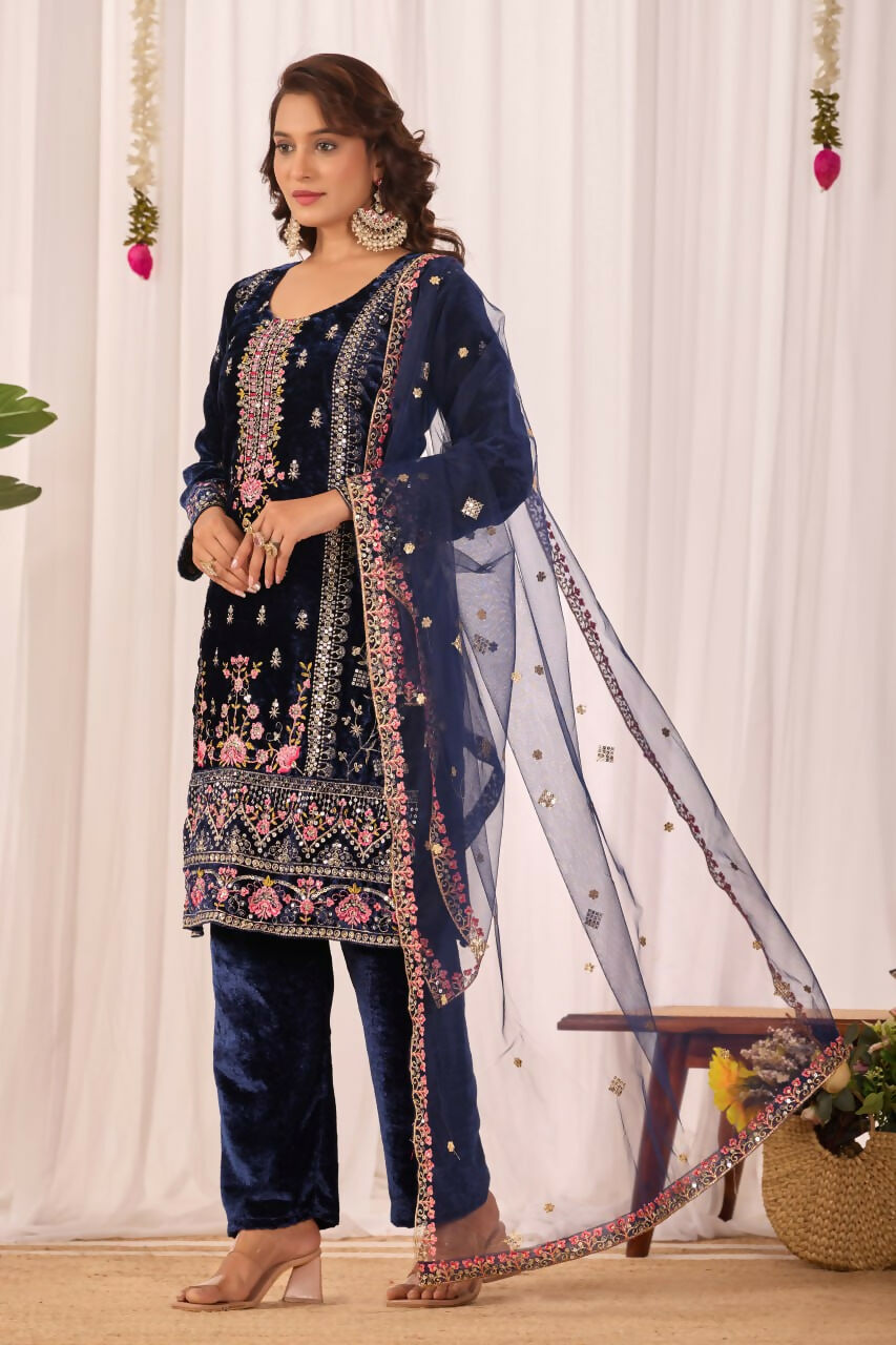 Joban Fashion Blue Kurta Set Velvet Embroidery Sequence Work | Grocsy