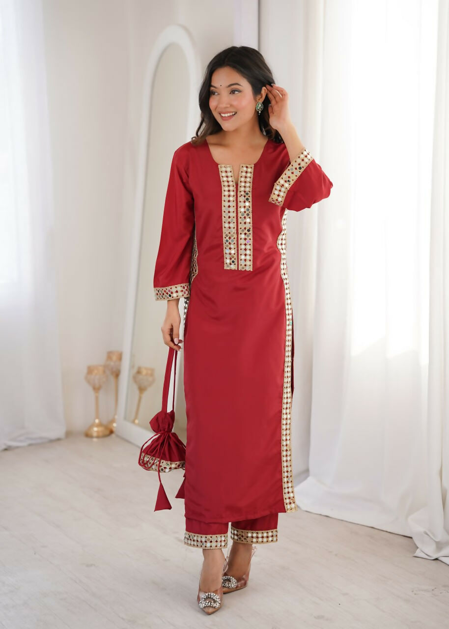 Teeya Creation Womens New Trending Maroon Color Natural Crepe With Real Mirror Lace Work Kurta Set | Grocsy