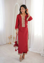 Teeya Creation Womens New Trending Maroon Color Natural Crepe With Real Mirror Lace Work Kurta Set | Grocsy