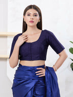 Joban Fashion Navy-Blue Dupion Silk Elbow Sleeveless Front Open Blouse | Grocsy