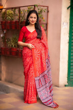 Red Silk Blend Ajrak Saree with Unstitched Blouse - Hiral Fashion | Grocsy