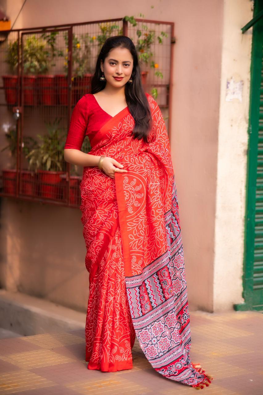Red Silk Blend Ajrak Saree with Unstitched Blouse - A2M | Grocsy