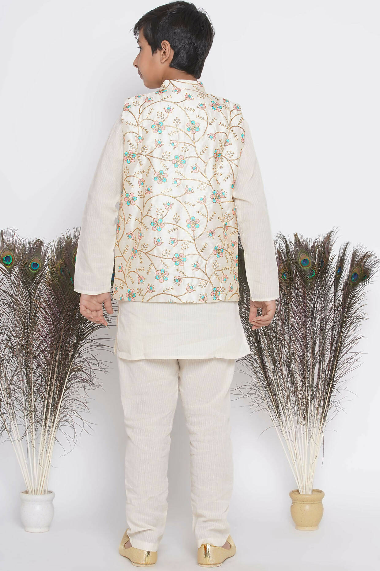 Little Bansi Banarsi Silk Pink Blue Floral Embroidery Jacket with Cotton Kantha kurta and Kantha Pyjama - Cream | Grocsy