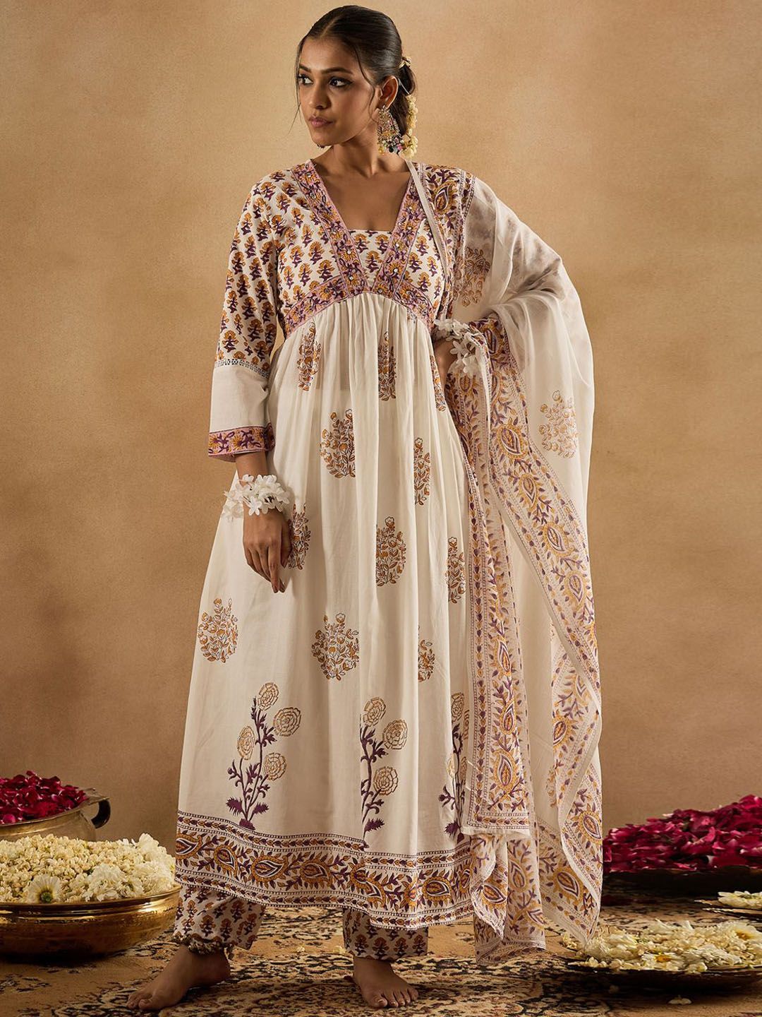 Indo Era Women Floral Printed Empire Pure Cotton Kurta with Trousers & With Dupatta | Grocsy