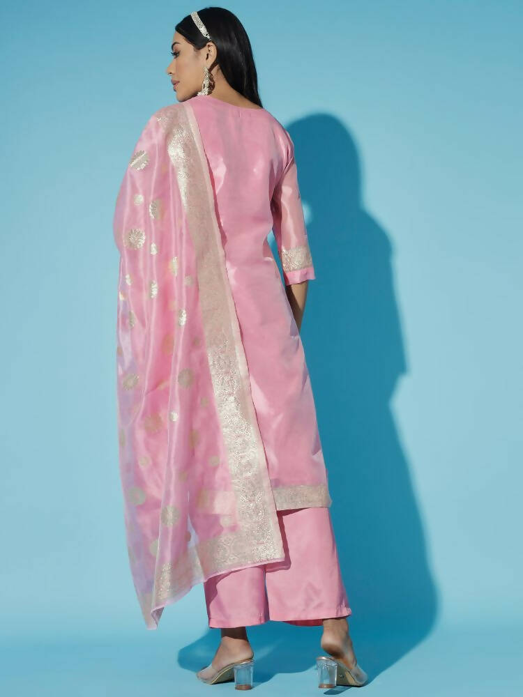 Myshka Women Pink Printed Kurta & Trousers With Dupatta | Grocsy