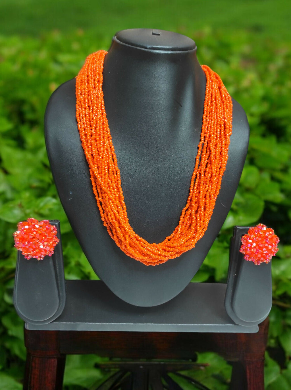 Inhanns Vibrant Handmade 20 Layers Beaded Necklace With Matching Earrings - Orange | Grocsy