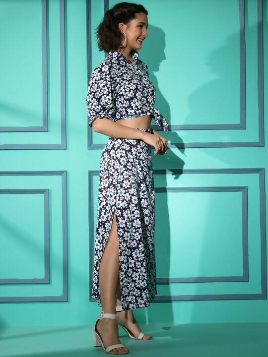 Purple Crepe Floral Printed Top with Matching Skirt - Shivani | Grocsy