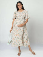 Manet Frill With Sleeves Maternity Dress Floral Print With Concealed Zipper Nursing Access - Cream | Grocsy