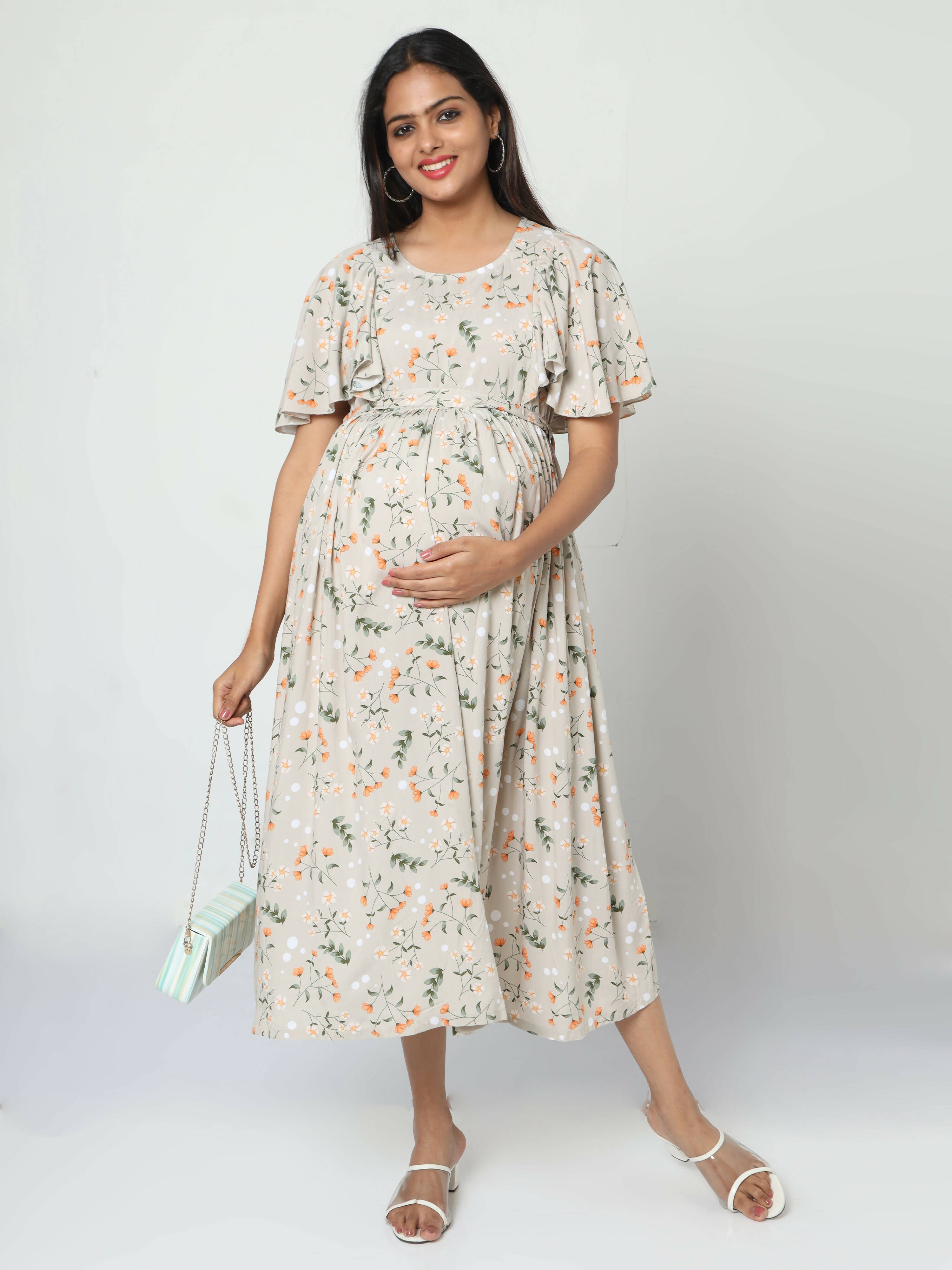 Manet Frill With Sleeves Maternity Dress Floral Print With Concealed Zipper Nursing Access - Cream | Grocsy