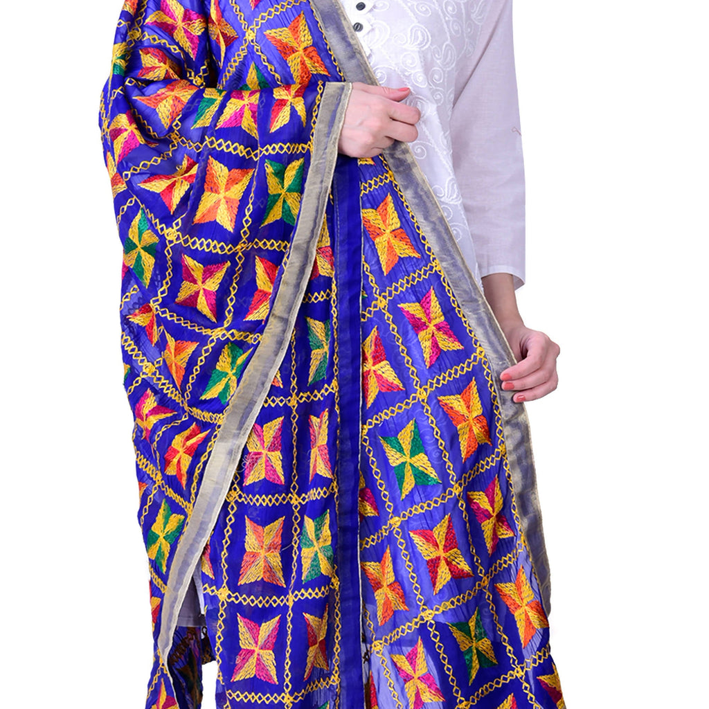 SWI Stylish Women's Embroidered Phulkari Chiffon Royal Blue Dupatta | Grocsy