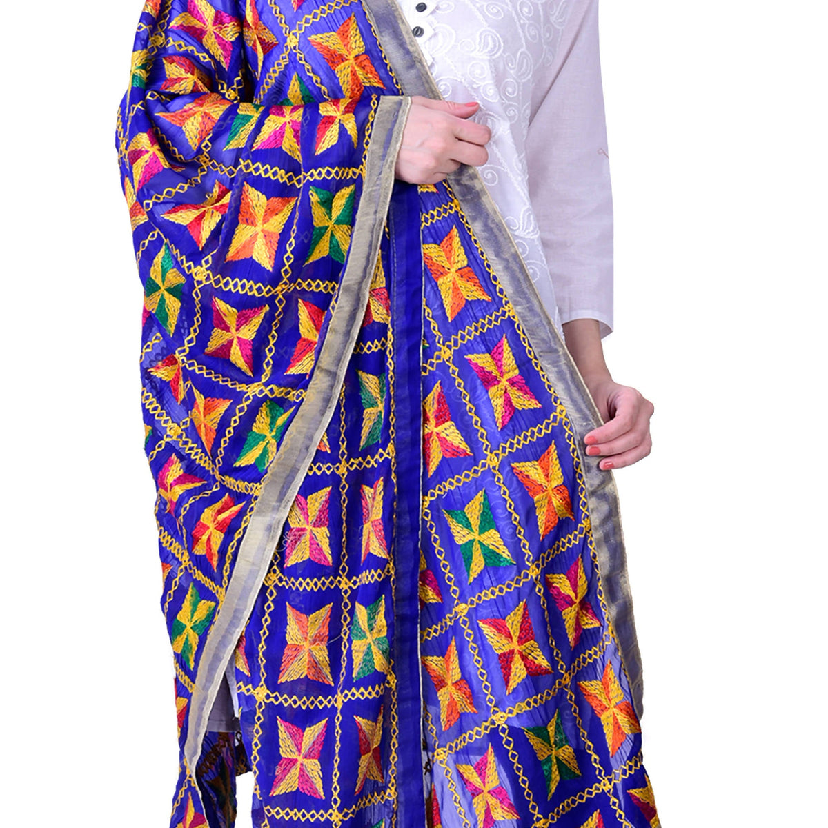 SWI Stylish Women's Embroidered Phulkari Chiffon Royal Blue Dupatta | Grocsy