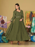 Jyoti Fashion Women's Olive Green Georgette Embroidered Anarkali Kurta Pant Set With Dupatta | Grocsy