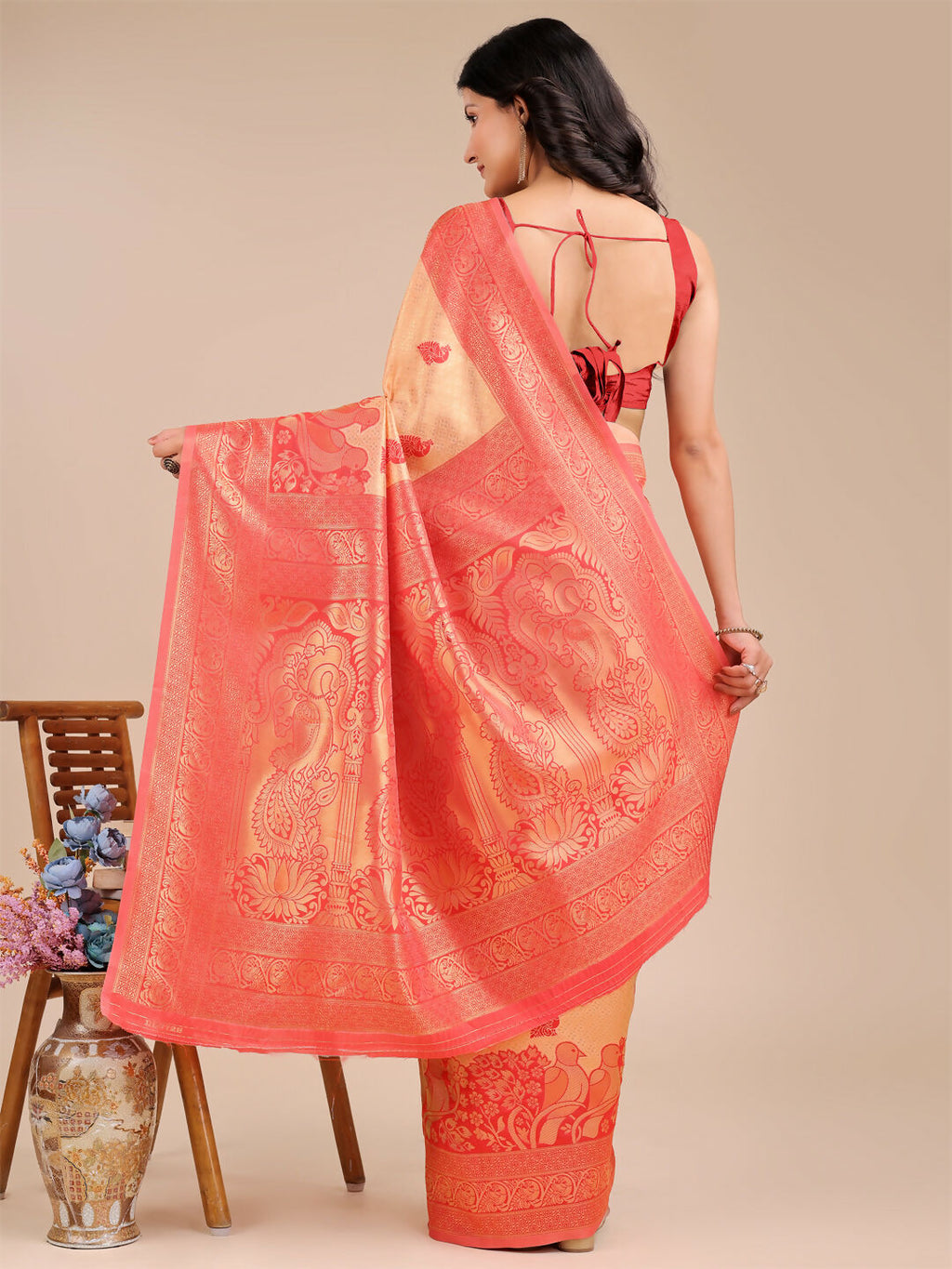 Shree Shyam Fashion Banarasi Silk Cream & Red Saree | Grocsy