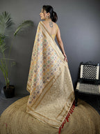 Joban Fashion Cream Intricate Floral & Woven Motifs Soft Silk Banarasi Saree | Grocsy
