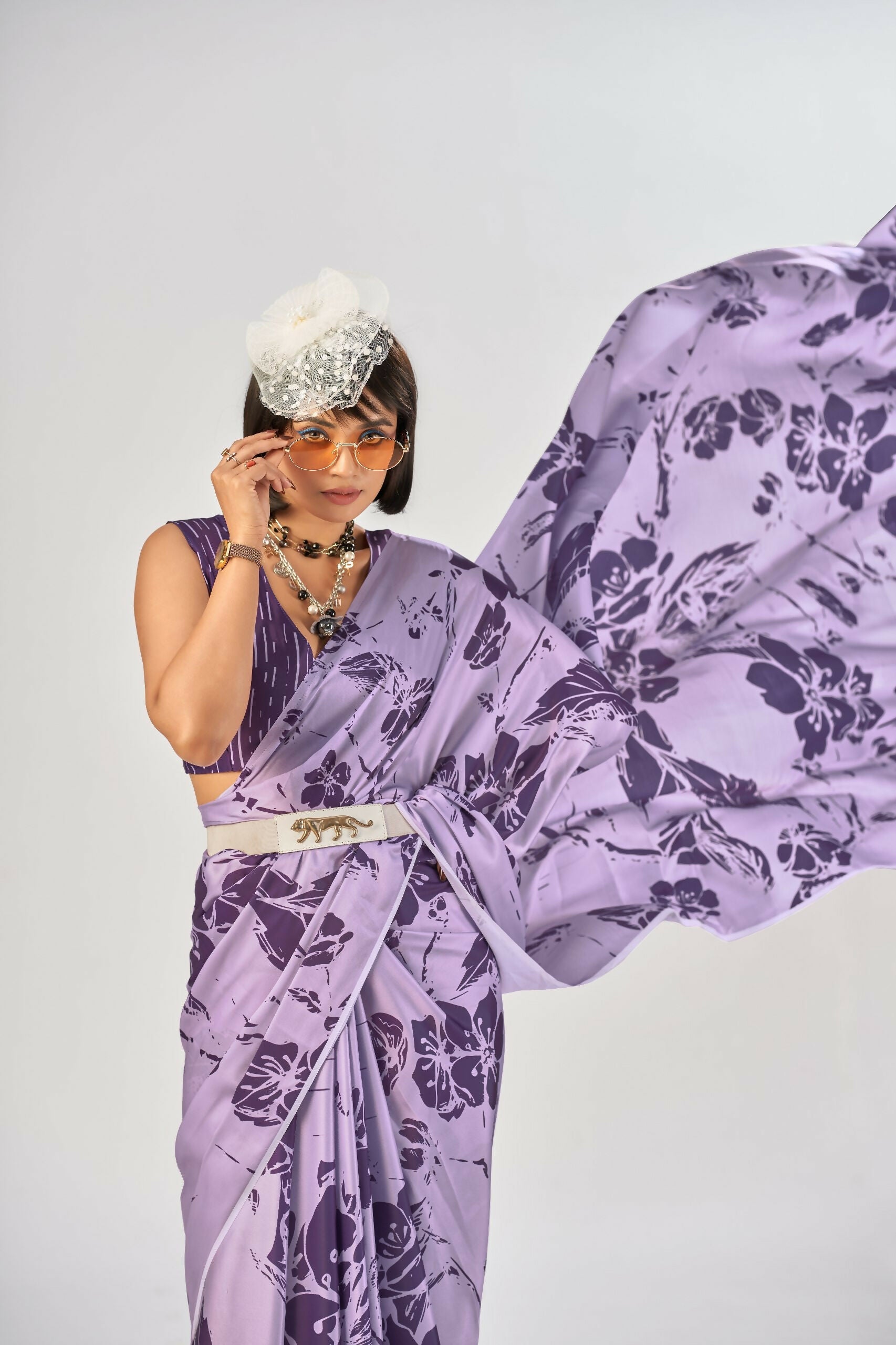 Vastranavya Lavender Satin Silk Elegant Printed Saree with Unstitched Blouse | Grocsy