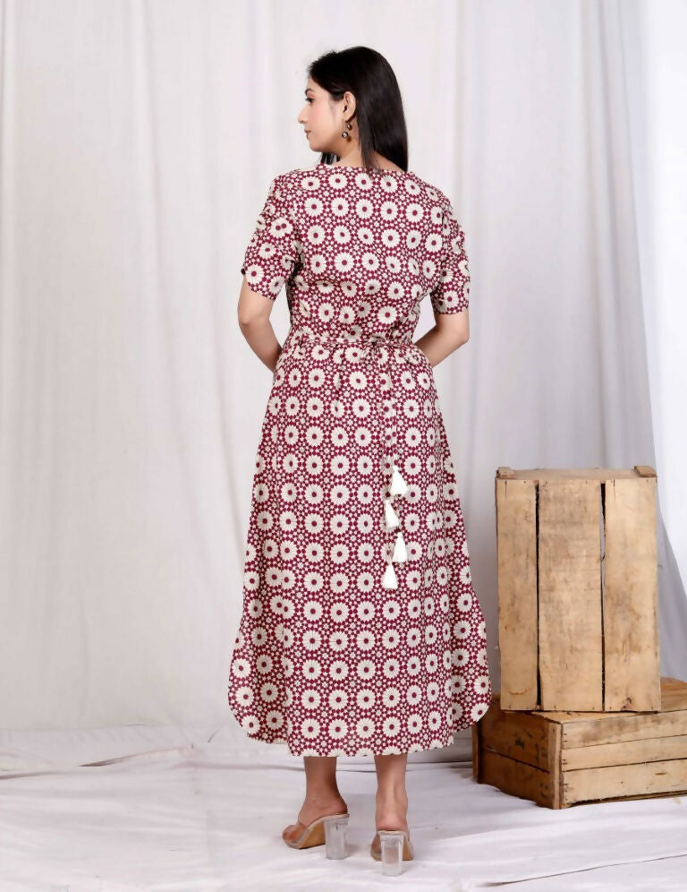 Miravan Women's Cotton Floral Printed Cream A-Line Maxi Dress with Buttons | Grocsy