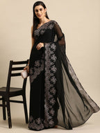 Ahalyaa Women's Traditional Semi Stitch Saree - Black | Grocsy