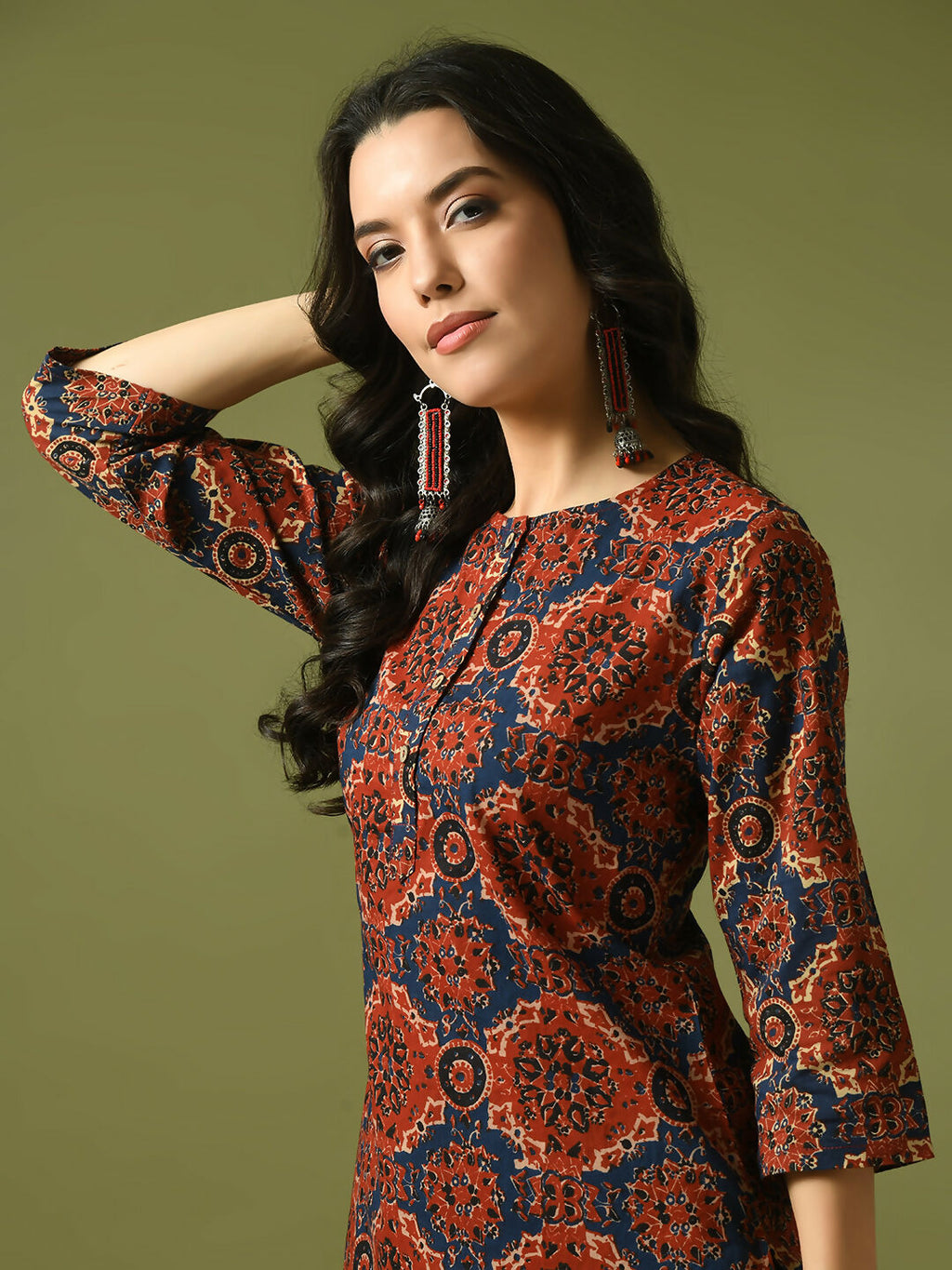 Myshka Women's Multi Printed Cotton Round Neck Party Tunic With Trousers Co-ord set | Grocsy