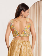 Joban Fashion Gold Multi Polyester Padded Blouse With V Neck Sleeveless | Grocsy