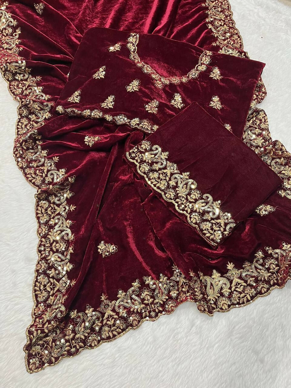 Vastranavya Designer Velvet Sequence & Zari Thread Embroidery work with border and Cutwork Saree - Wine | Grocsy