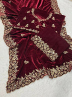 Vastranavya Designer Velvet Sequence & Zari Thread Embroidery work with border and Cutwork Saree - Wine | Grocsy