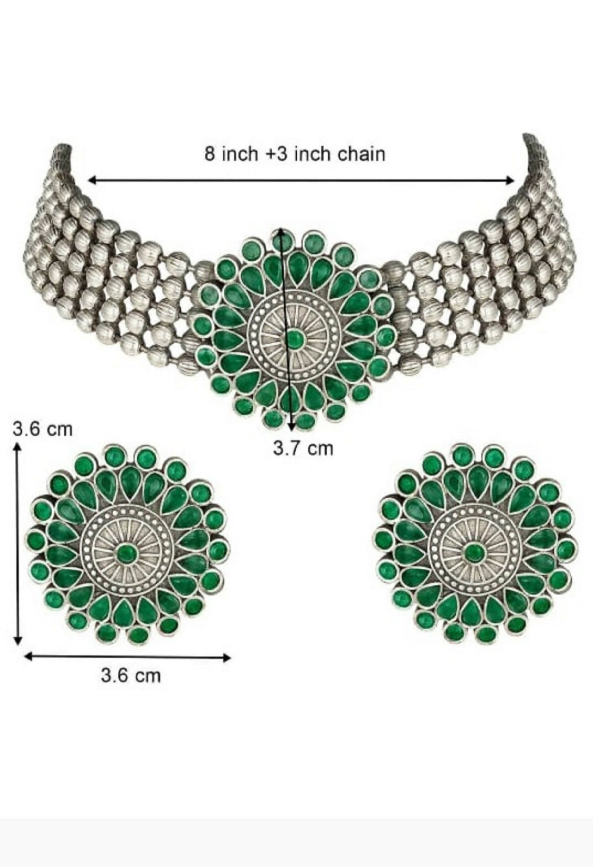 Mominos Fashion Johar Kamal Oxidised Silver-Plated Brass Finish Kundan Choker For Women (Green) | Grocsy