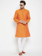 Even Apparels Orange Pure Cotton Long Men's Kurta With Band Collar | Grocsy
