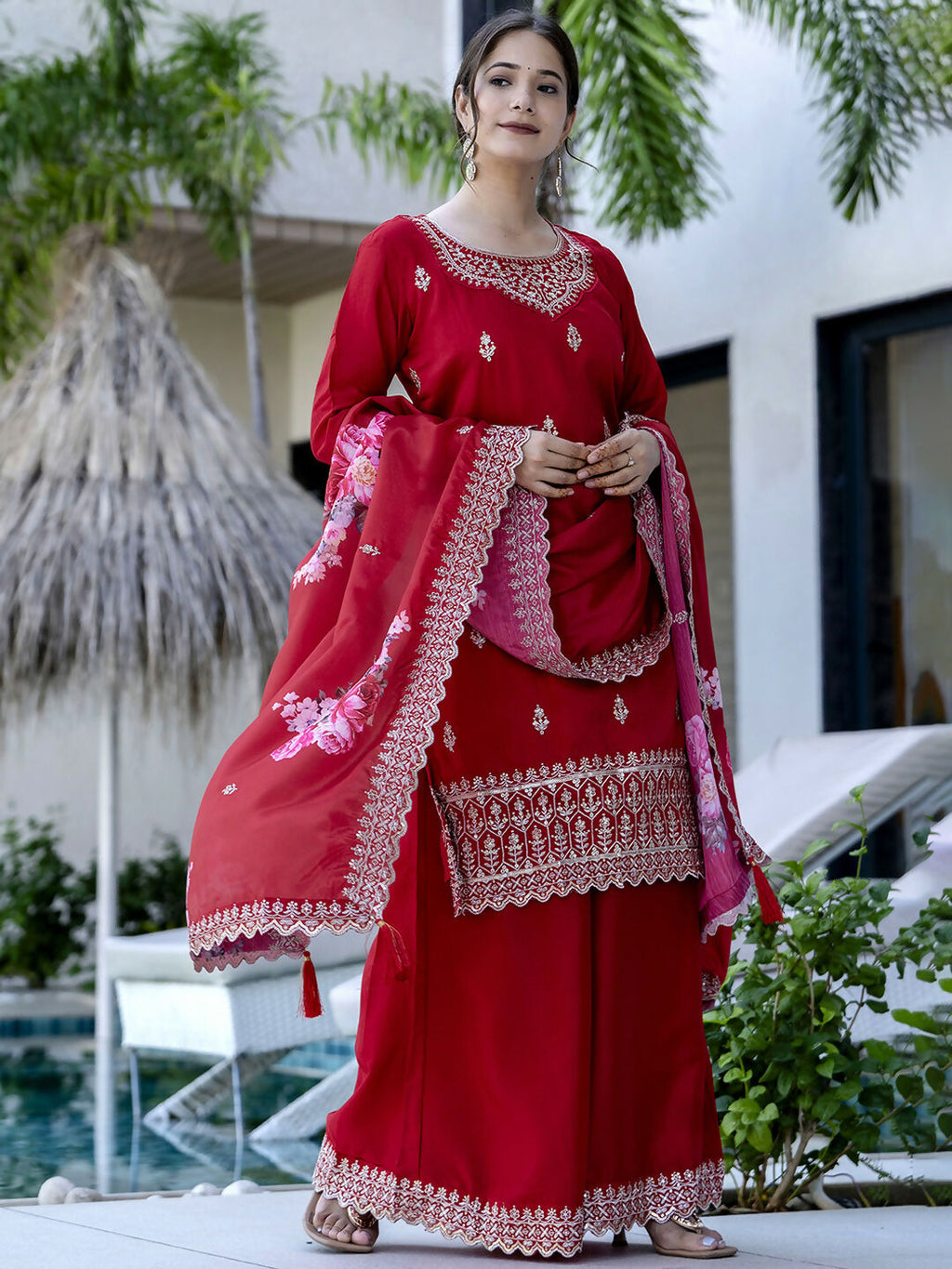 The52 Red Women's Gorgeous Embroidered Vichitra Silk Fabric Straight Kurta, Sharara and Dupatta Set | Grocsy
